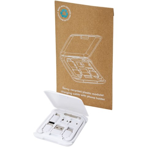 Savvy modułowy kabel do ładowania z tworzyw sztucznych pochodzących z recyklingu z uchwytem na telefon biały Savvy modułowy kabel do ładowania z tworzyw sztucznych pochodzących z recyklingu z uchwytem na telefon biały
