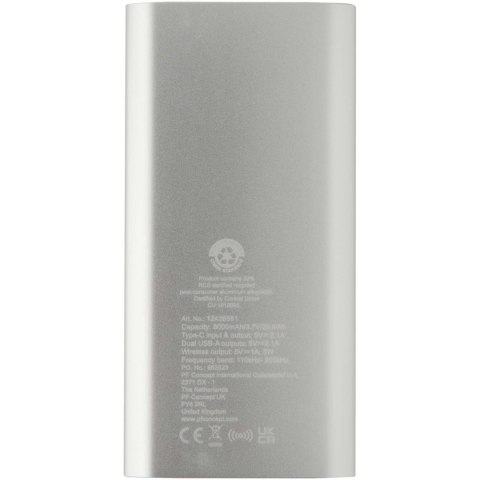Juice bezprzewodowy powerbank o pojemności 8000 mAh Type-C z aluminium pochodzącego z recyklingu srebrny Juice bezprzewodowy powerbank o pojemności 8000 mAh Type-C z aluminium pochodzącego z recyklingu srebrny