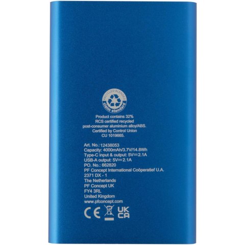 Pep powerbank o pojemności 4000 mAh Type-C z aluminium pochodzącego z recyklingu błękit królewski Pep powerbank o pojemności 4000 mAh Type-C z aluminium pochodzącego z recyklingu błękit królewski