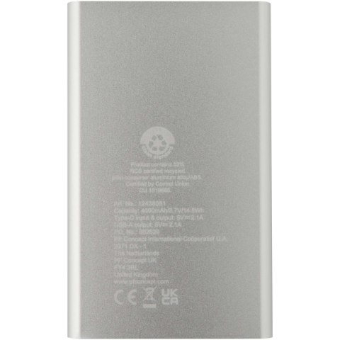 Pep powerbank o pojemności 4000 mAh Type-C z aluminium pochodzącego z recyklingu srebrny Pep powerbank o pojemności 4000 mAh Type-C z aluminium pochodzącego z recyklingu srebrny