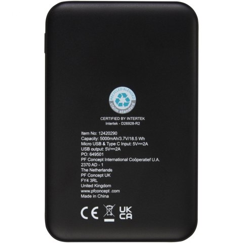 Powerbank o pojemności 5000 mAh z tworzywa sztucznego pochodzącego z recyklingu Loop czarny Powerbank o pojemności 5000 mAh z tworzywa sztucznego pochodzącego z recyklingu Loop czarny