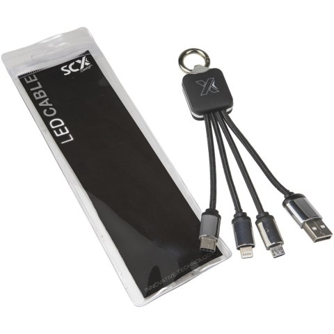 Kabel z podświetlonym logo 3w1 z brelokiem - SCX.design C15 czarny, biały Kabel z podświetlonym logo 3w1 z brelokiem - SCX.design C15 czarny, biały